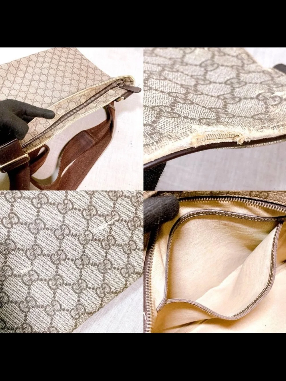 Gucci Beige GG Canvas Crossbody Messenger Bag with Brown Strap